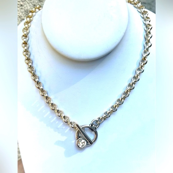 Silver Rolo $DROP✅Necklace Choker W Swarovski Toggle Elegant Casual 16" - Picture 2 of 7